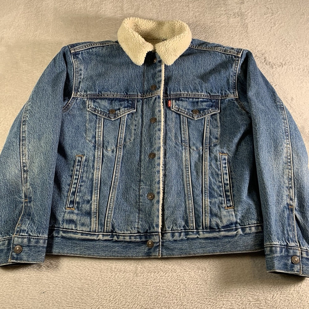 Levis Denim Jacket Premium Mens Small Blue Denim Sherpa Lined Snap Button Big E